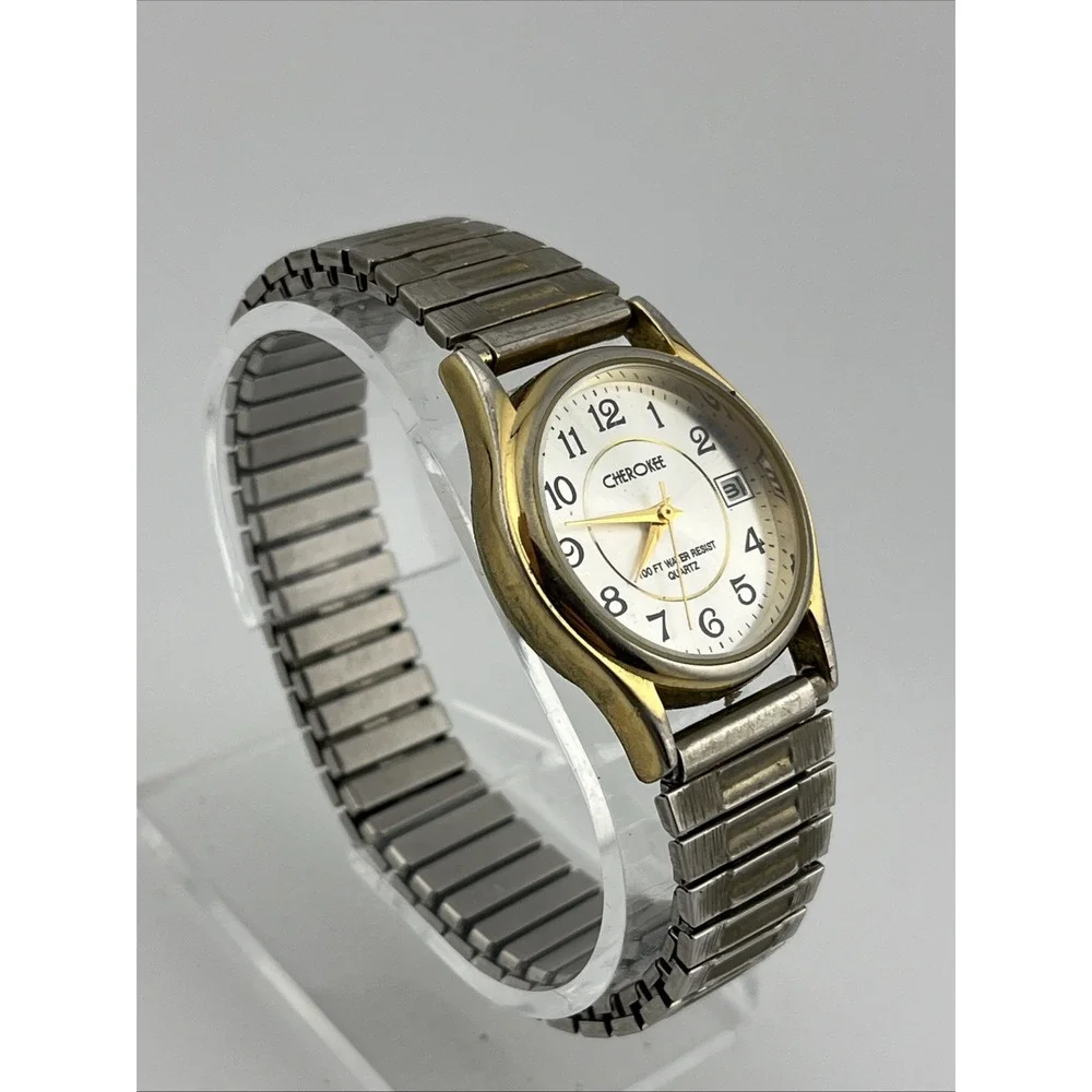 Cherokee Watch Men 32mm Gold Case Silver Stretch Band- New‎ Battery